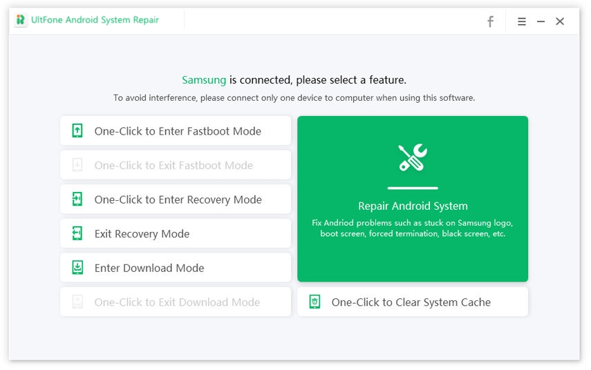 Hauptbildschirm von UltFone Android System Repair zur Behebung der Samsung-Neustartschleife