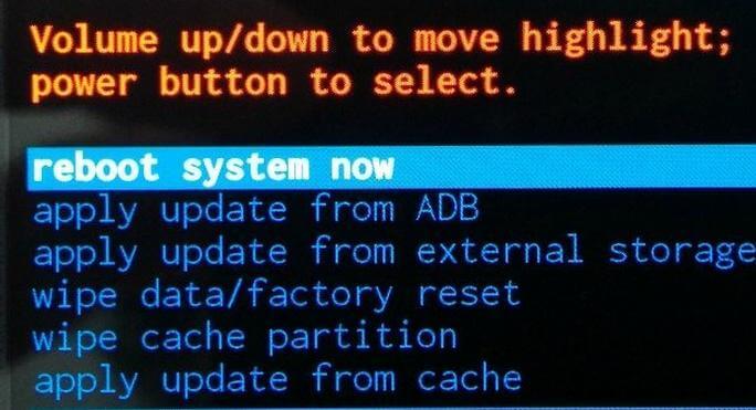 Auswahl von reboot system now im Recovery-Modus nach dem Zurücksetzen